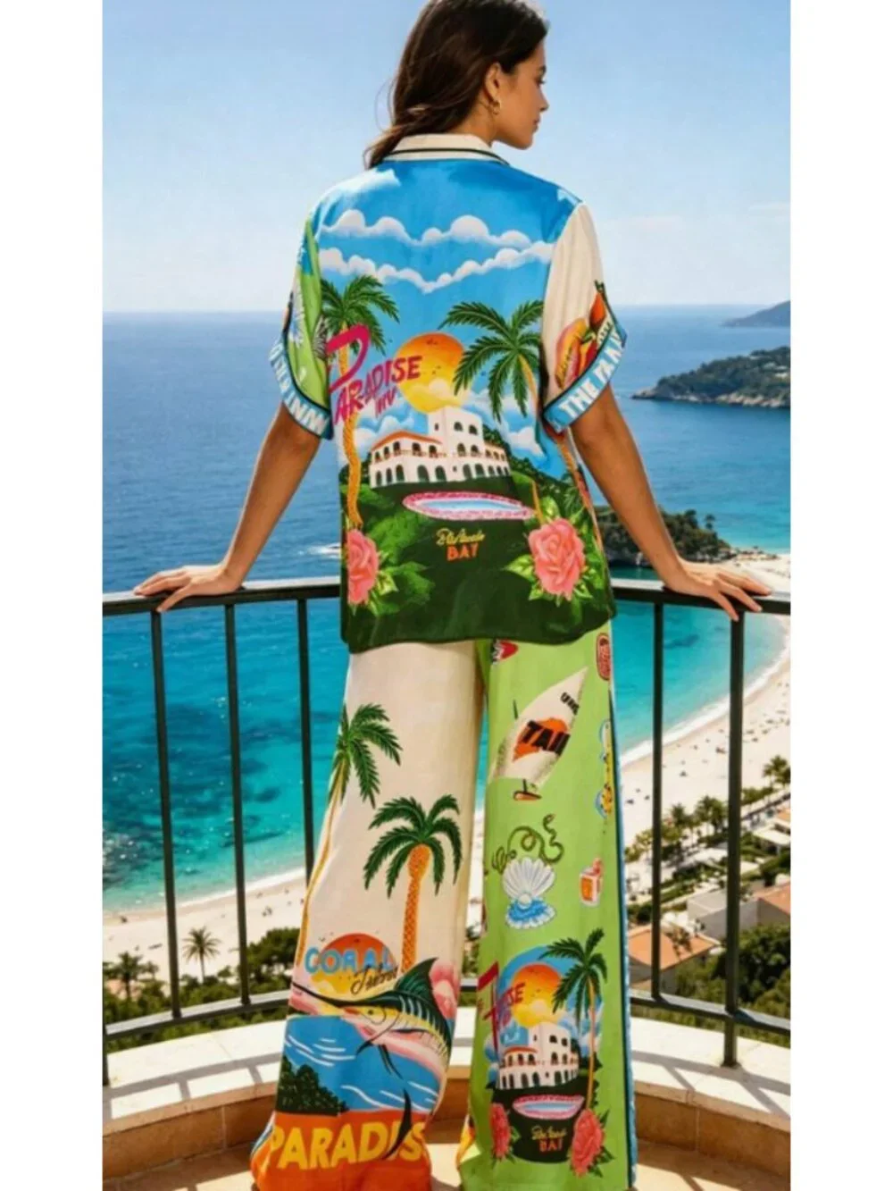 Tropical Resort 2-Piece Matching Set | Colorful Vacation Print | Wide Leg Pants